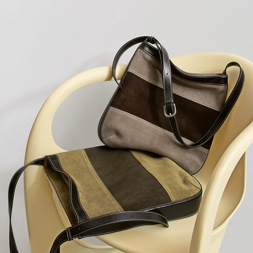 Brown Suede Patchwork Shoulder Bag