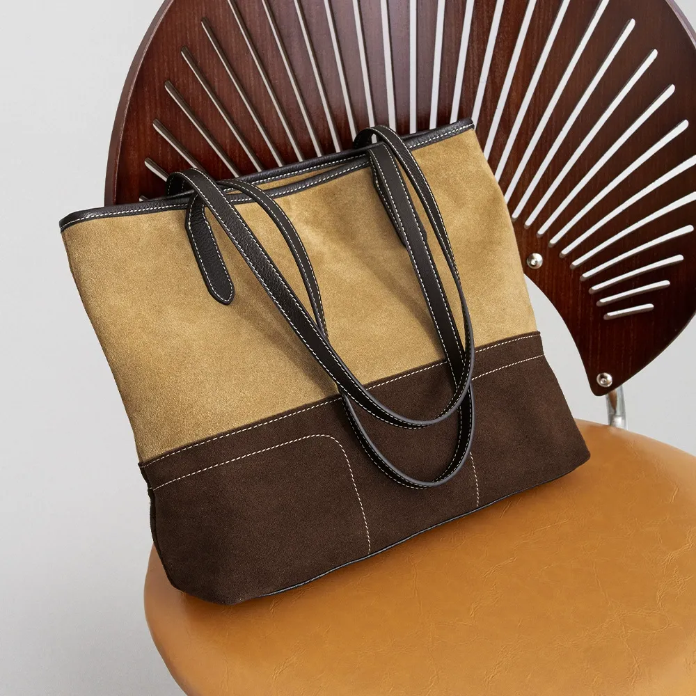 Effortless Retro Sophistication Suede Colorblock Tote Bag