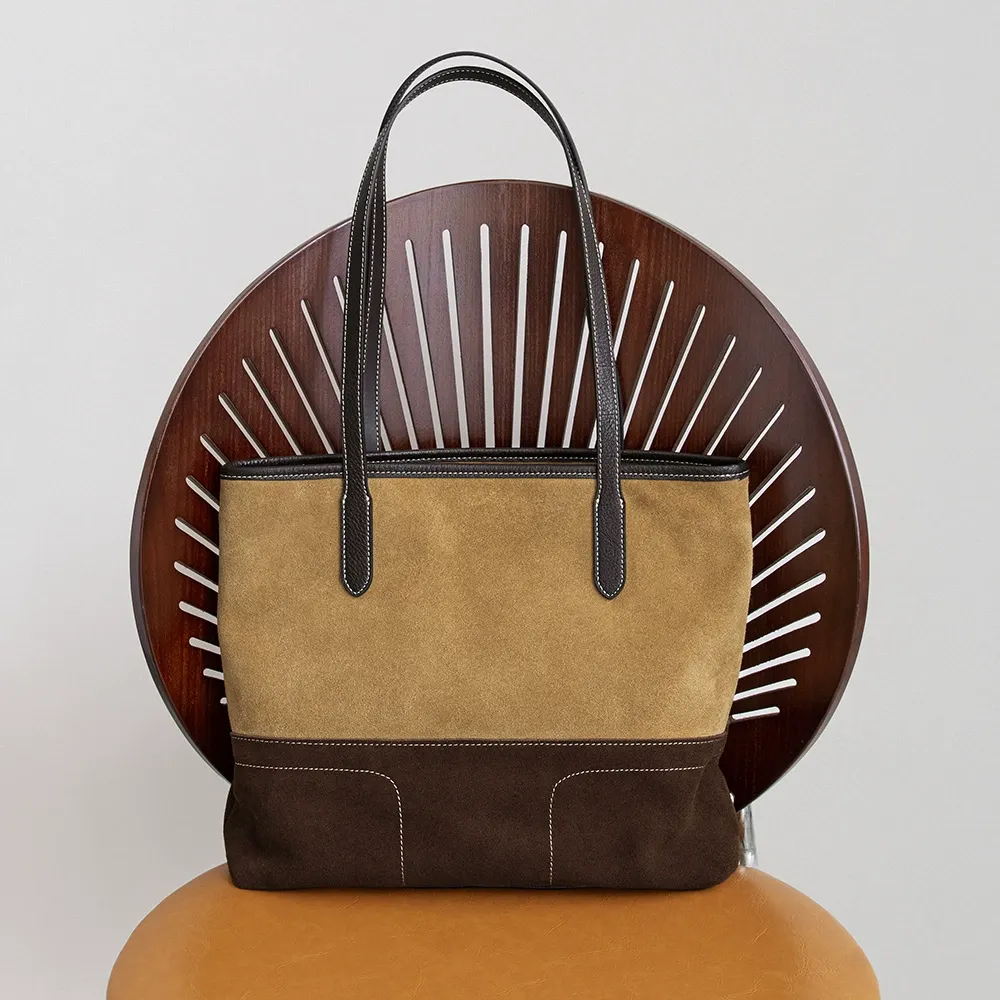 Effortless Retro Sophistication Suede Colorblock Tote Bag