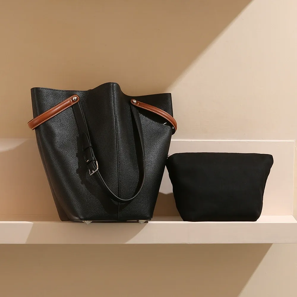 Two-Tone Bucket Tote Bag with Inner Pouch
