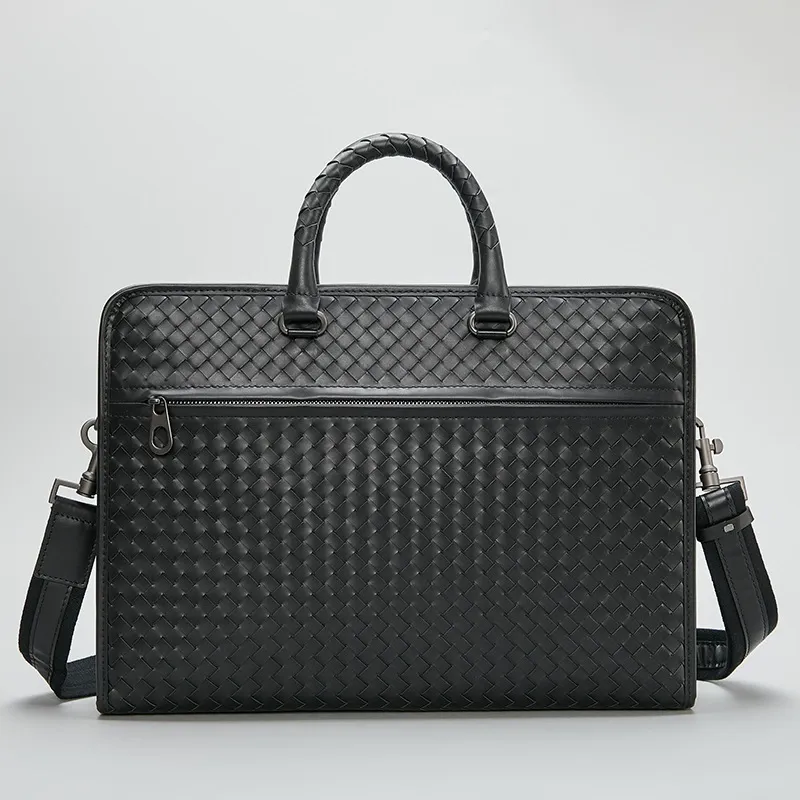 Sleek Woven Leather Executive Laptop Briefcase