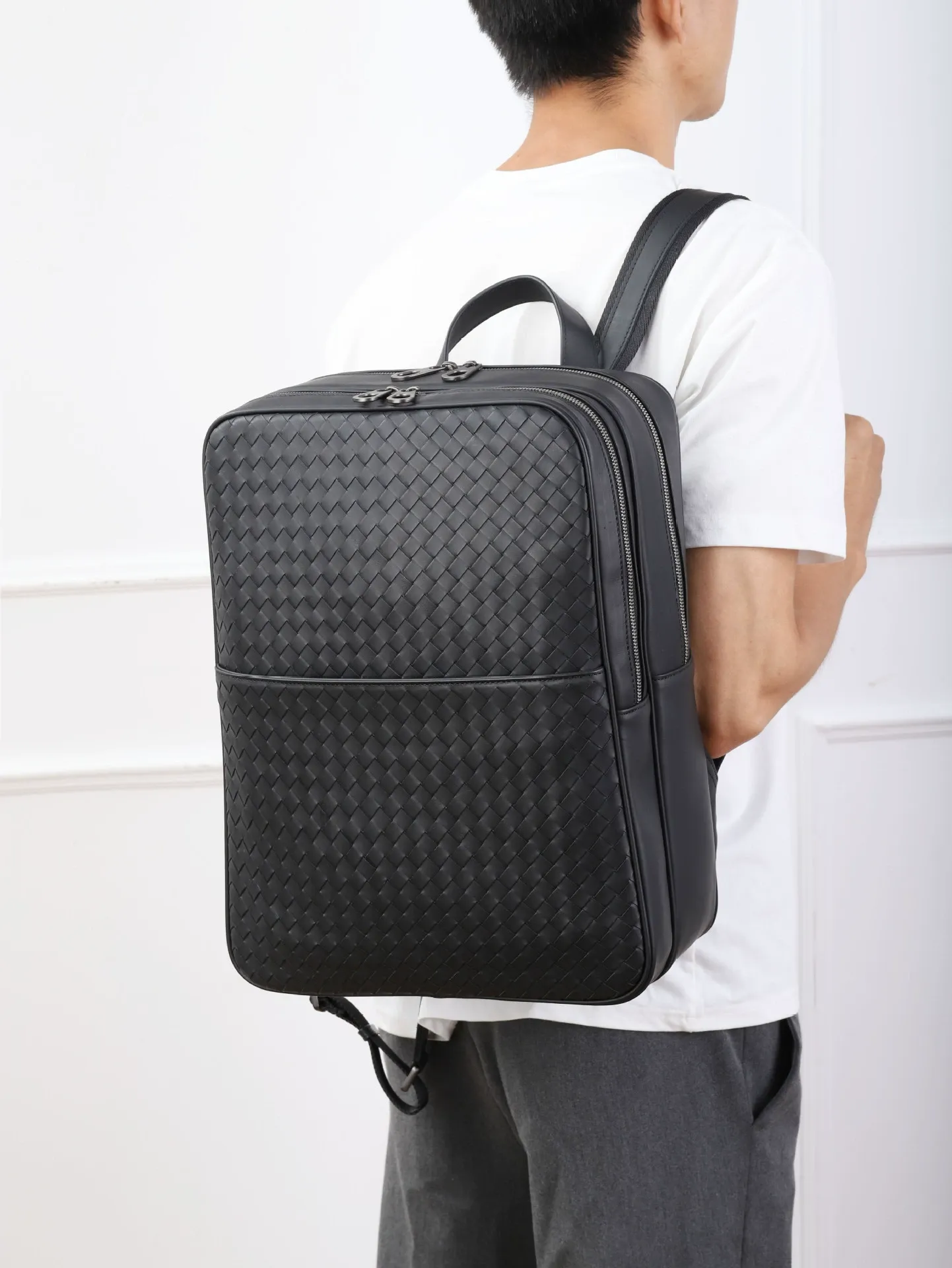 Men's Dual-Zipper Woven Leather Executive Backpack