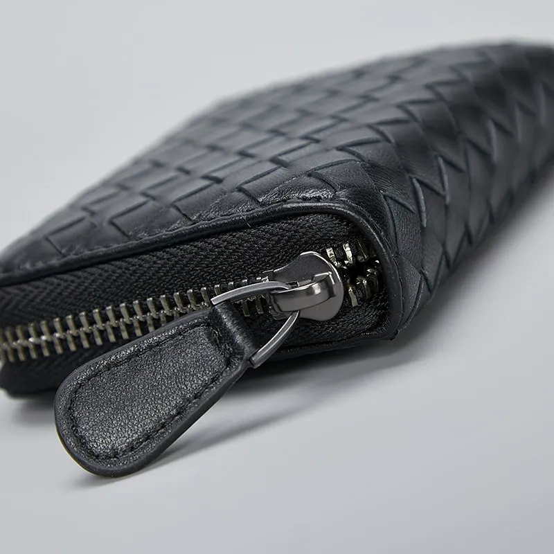 Woven Leather Compact Zip Wallet