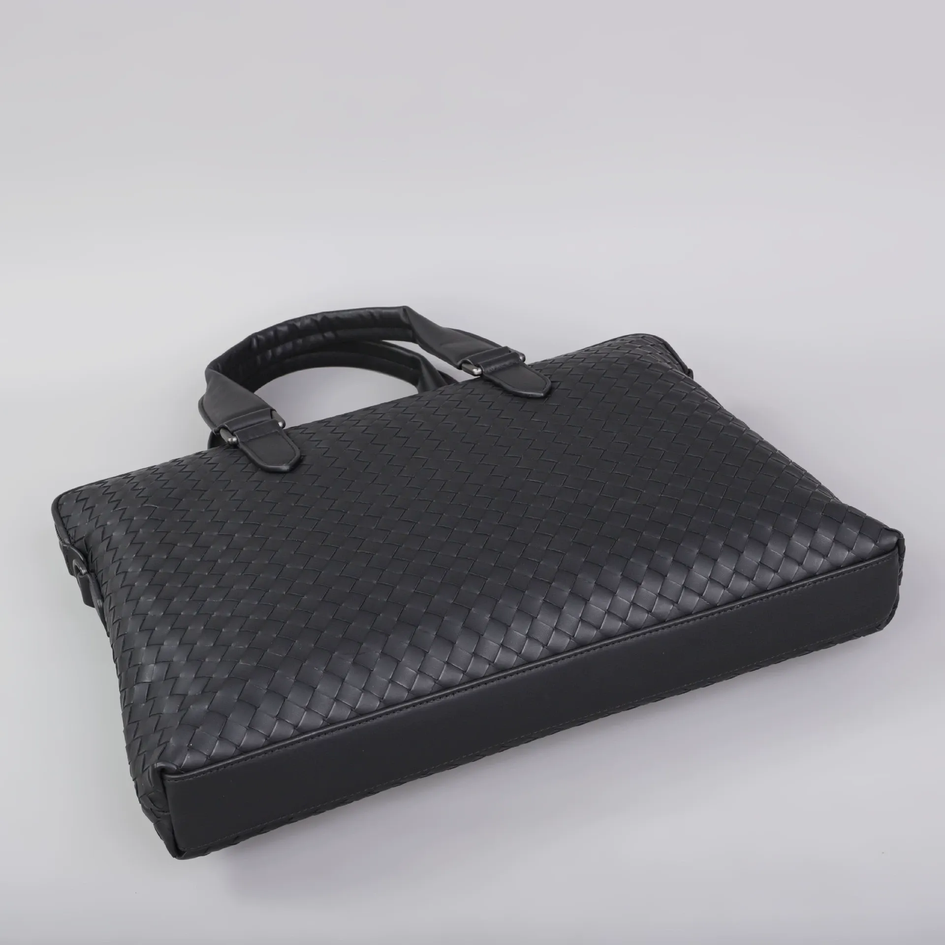 Men's Woven Leather Business Briefcase with Shoulder Strap