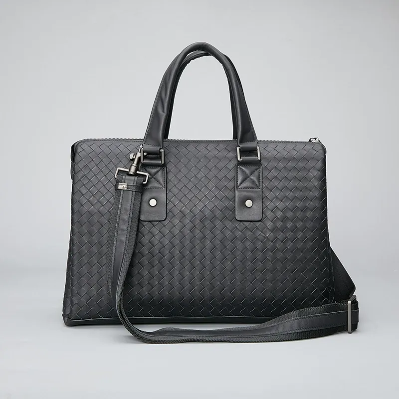 Woven Leather Business Laptop Briefcase – Dual Rivet Edition