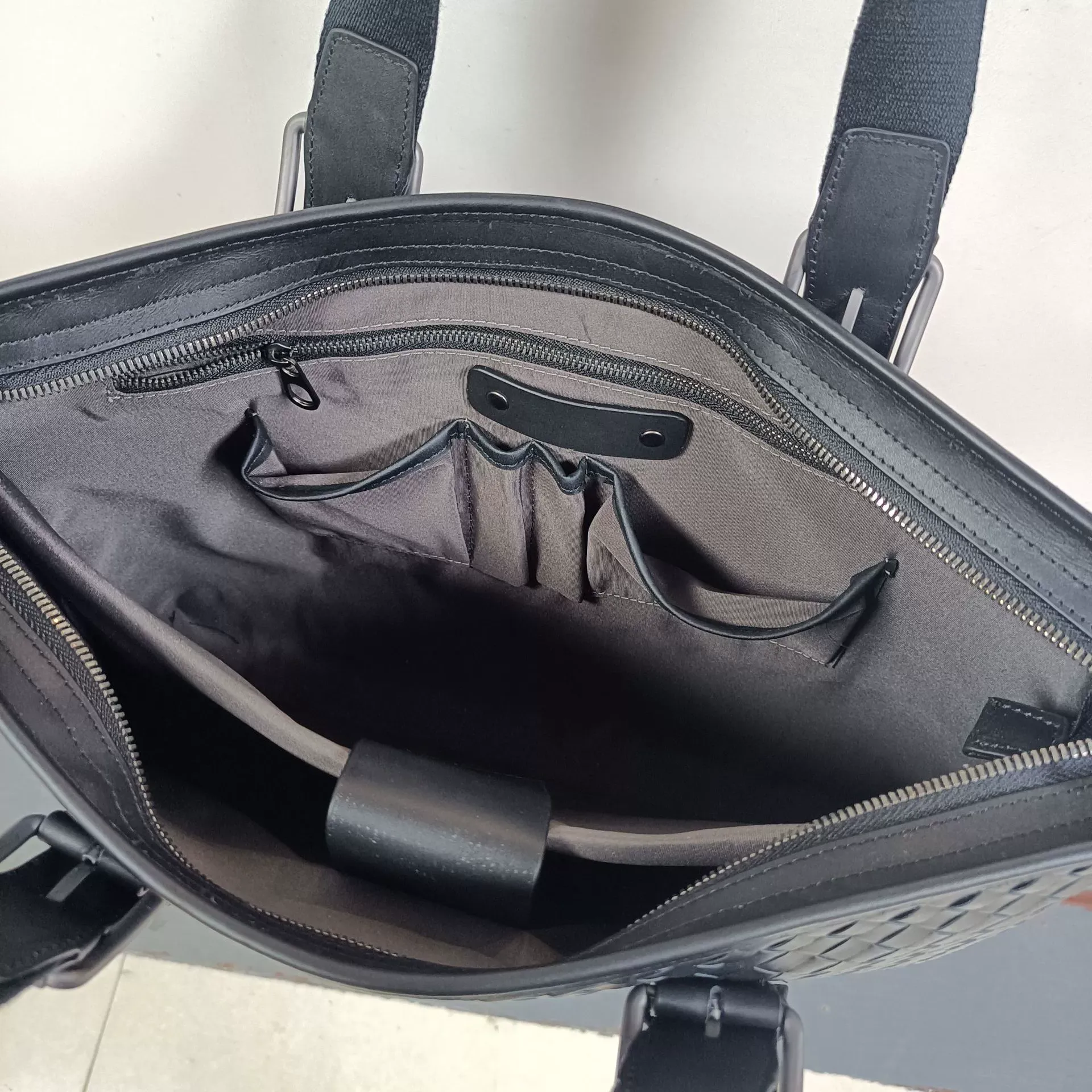 Classic Buckle-Strap Woven Leather Laptop Briefcase