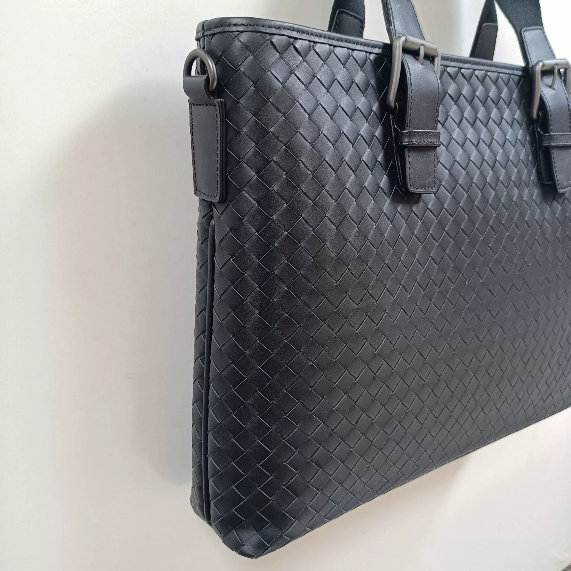 Classic Buckle-Strap Woven Leather Laptop Briefcase
