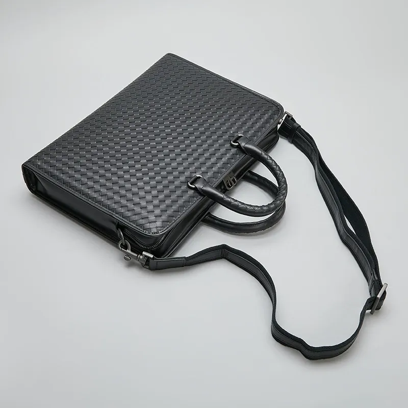 Sleek Woven Leather Executive Laptop Briefcase