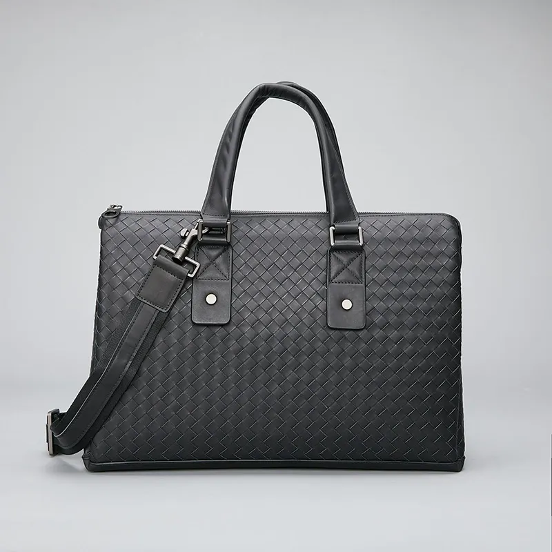 Woven Leather Business Laptop Briefcase – Dual Rivet Edition
