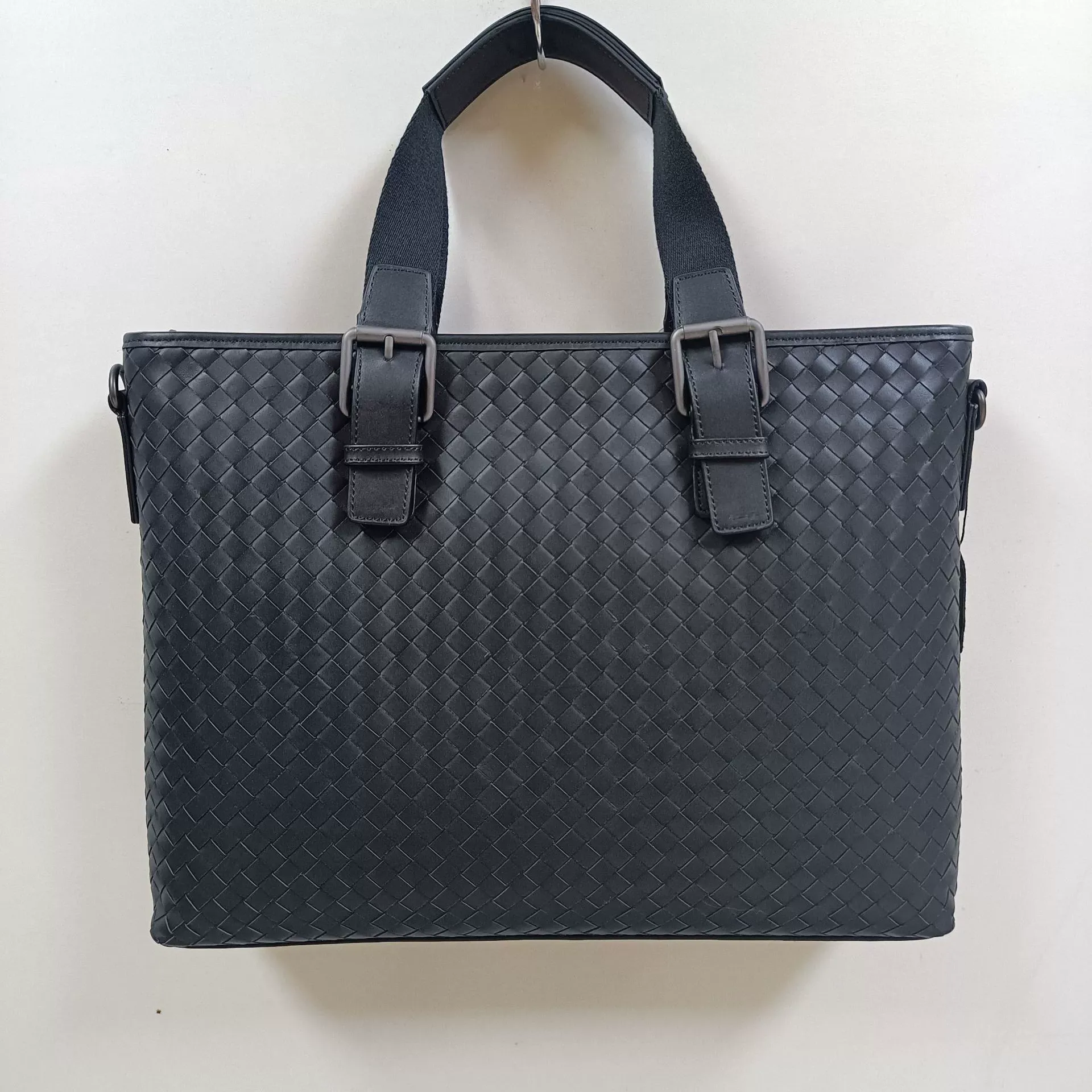 Classic Buckle-Strap Woven Leather Laptop Briefcase