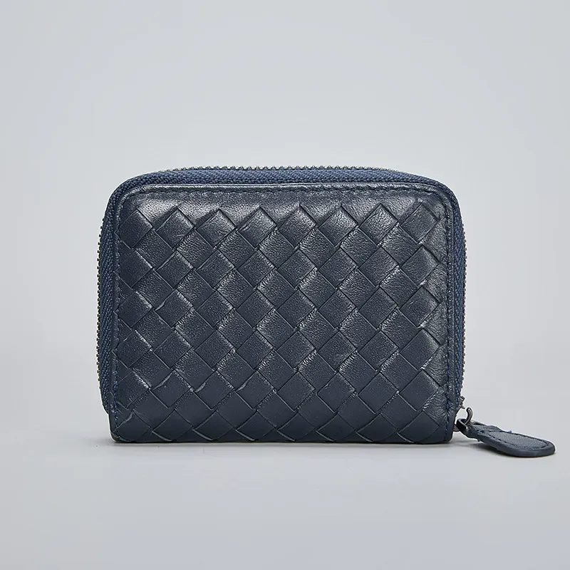 Woven Leather Compact Zip Wallet
