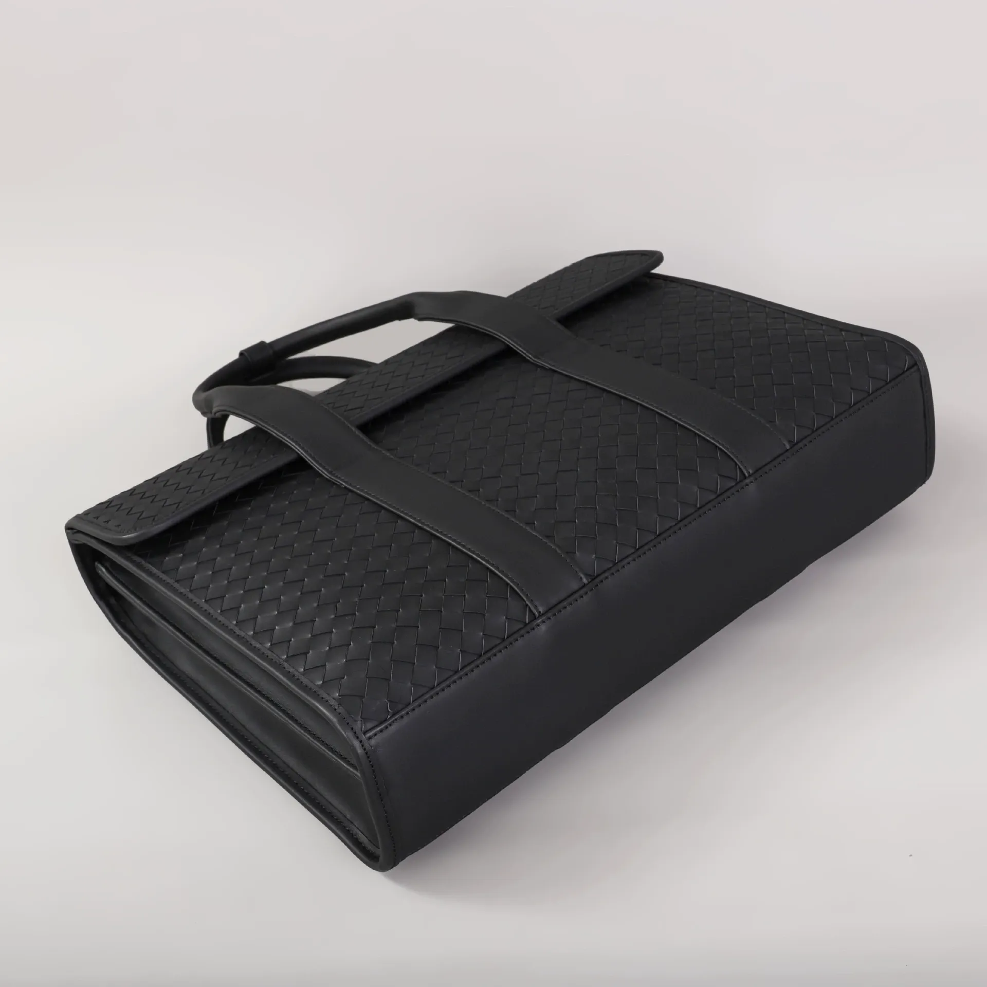 Men's Large Woven Leather Structured Business Tote Bag