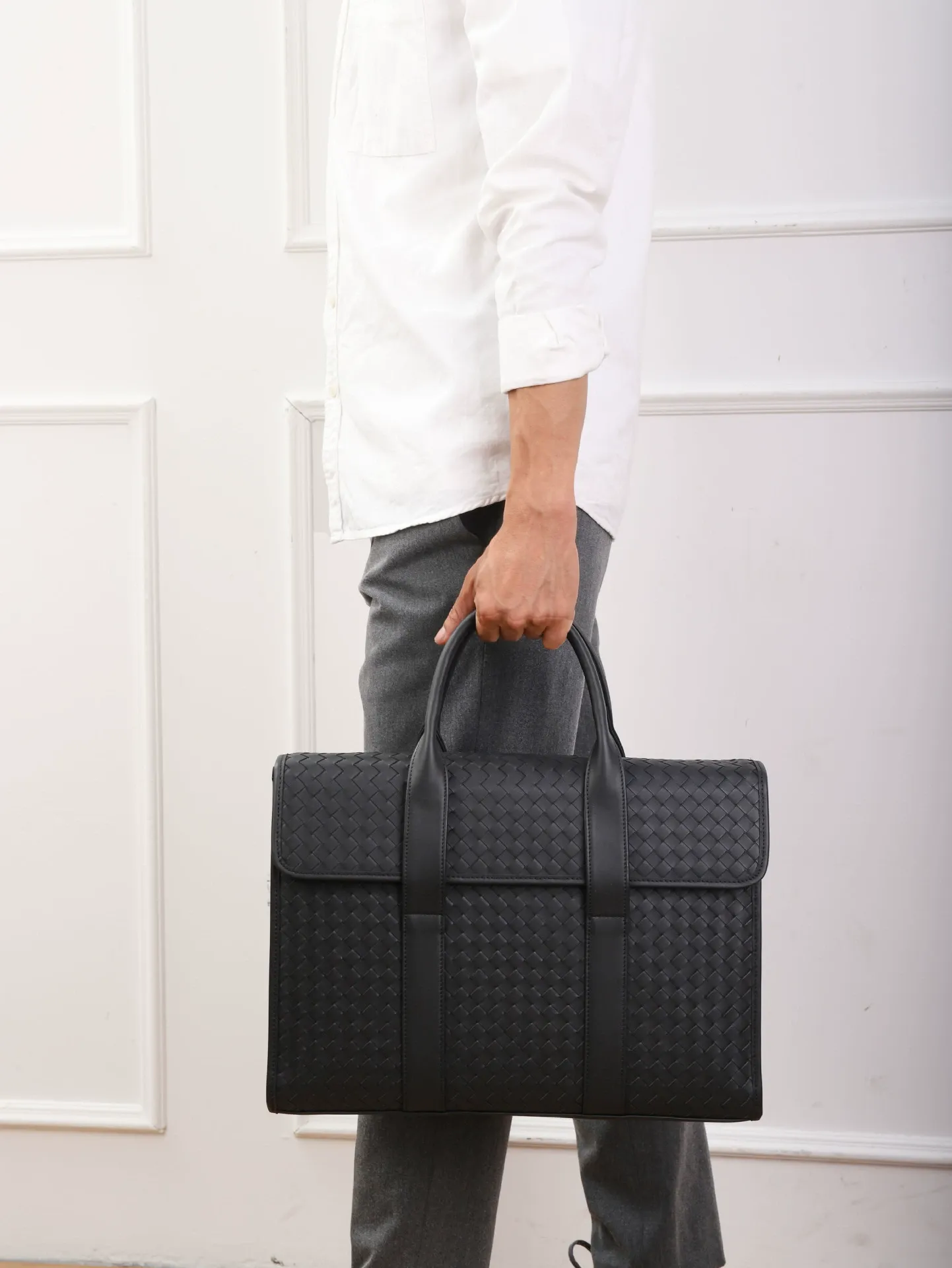 Men's Large Woven Leather Structured Business Tote Bag