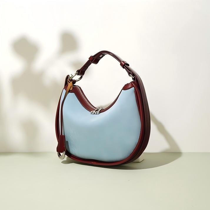 Denim & Leather Half-Moon Shoulder Bag
