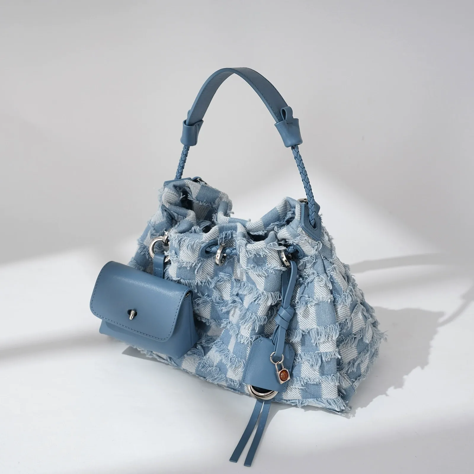 Frayed Denim Bucket Bag with Mini Pouch