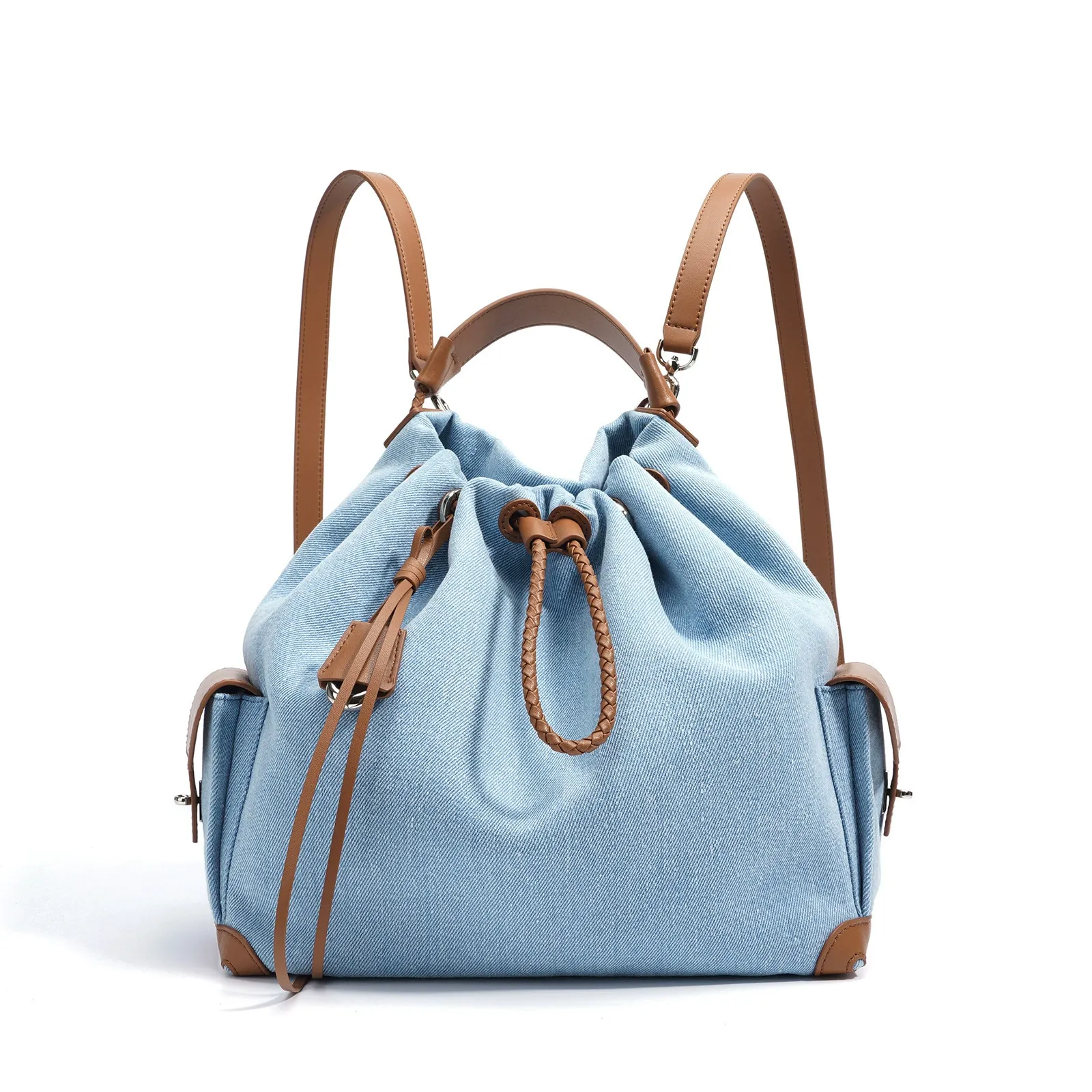 Denim Drawstring Tote with Braided Leather Handle