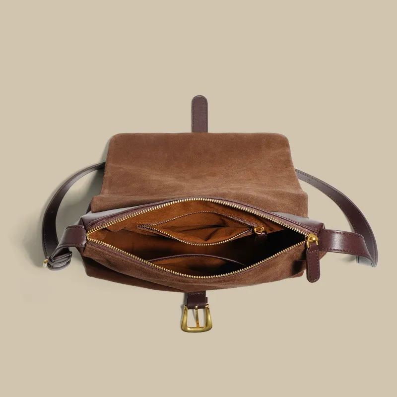 Buckle Suede Flap Shoulder Bag with Leather