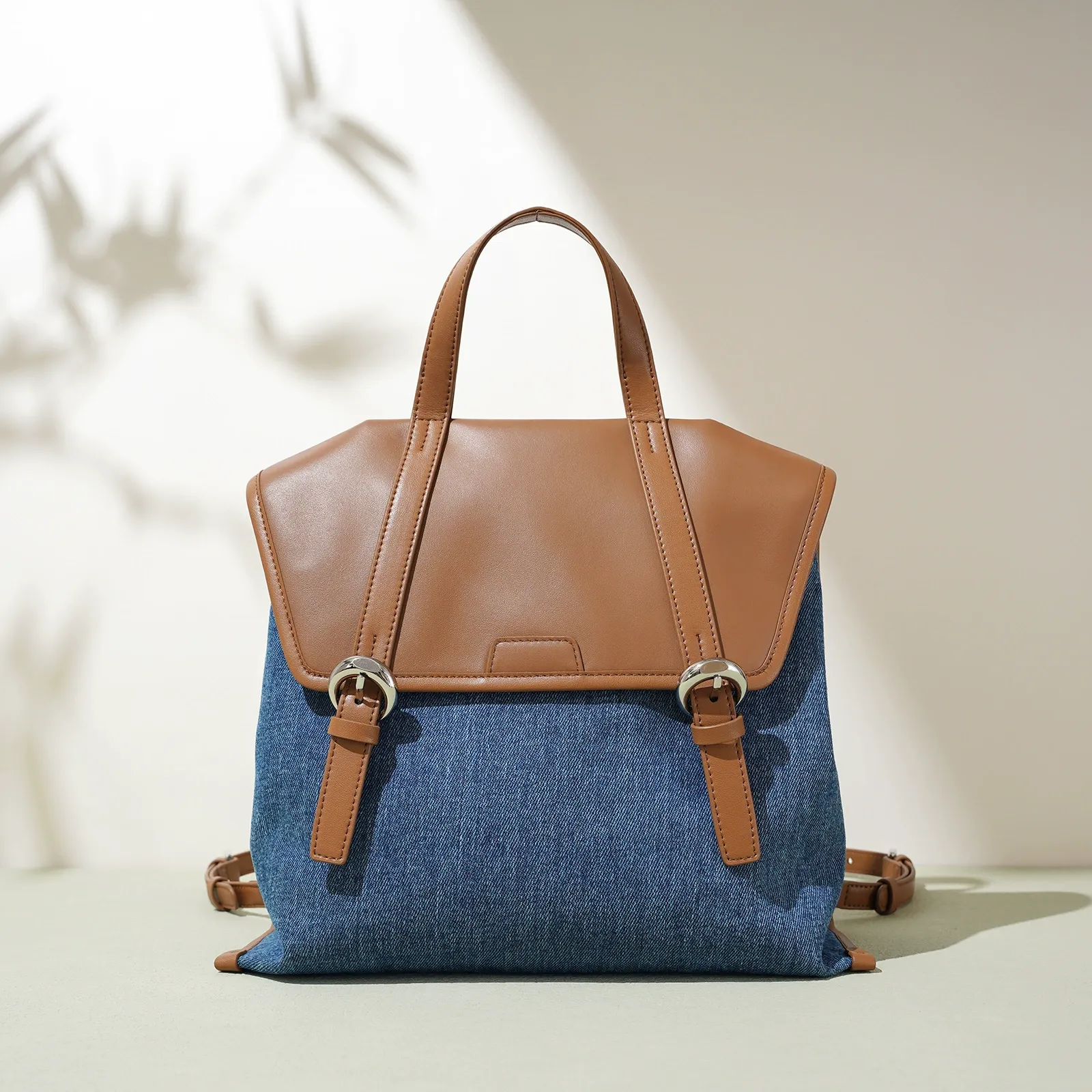 Denim & Leather Backpack with Top Handle
