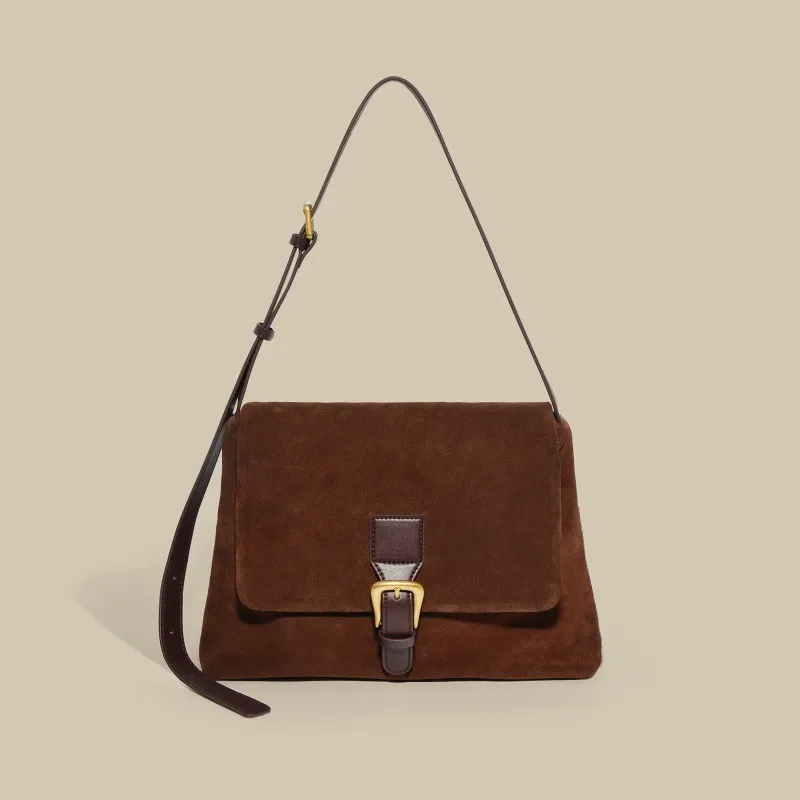 Buckle Suede Flap Shoulder Bag with Leather