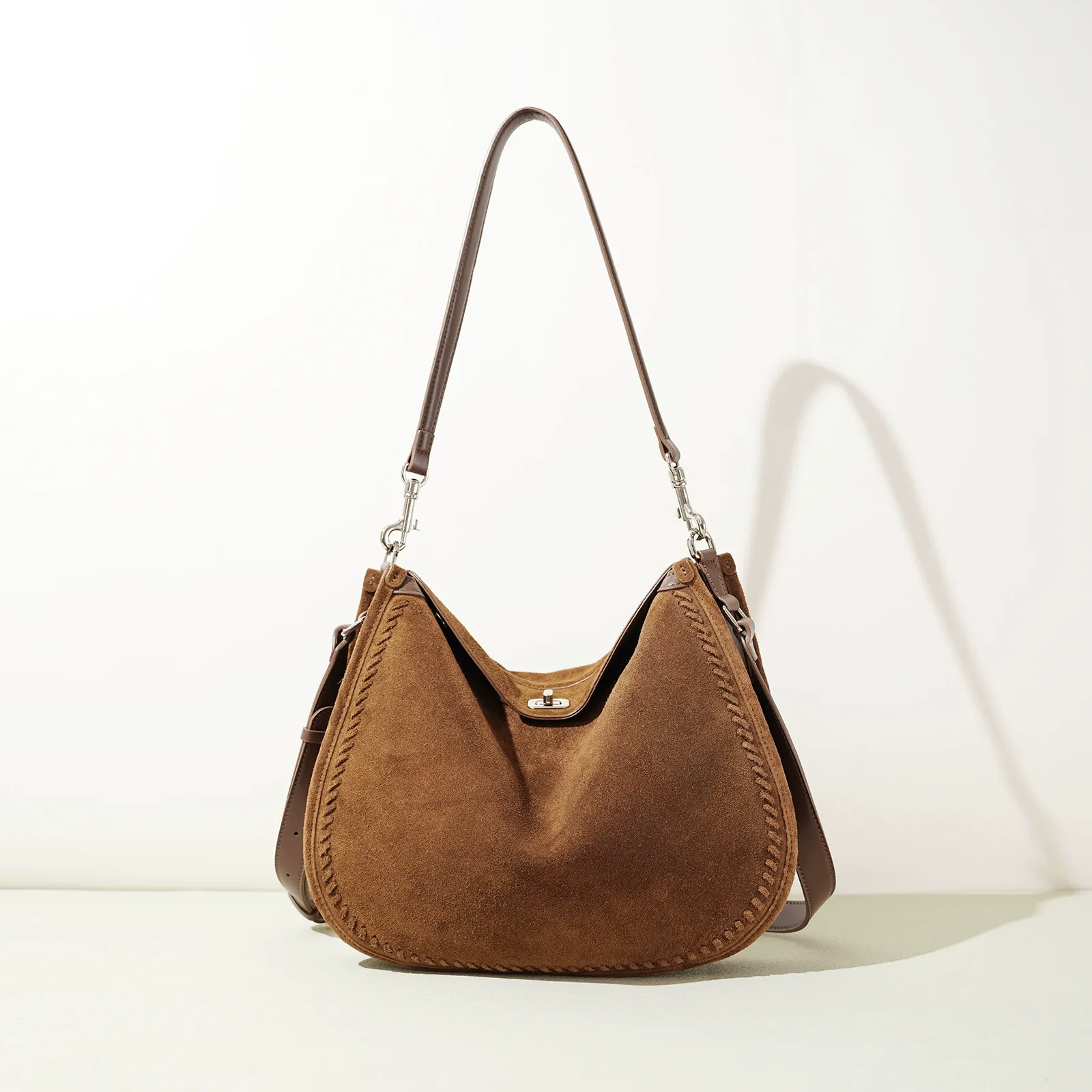 Braided Edge Suede Half-Moon Shoulder Bag