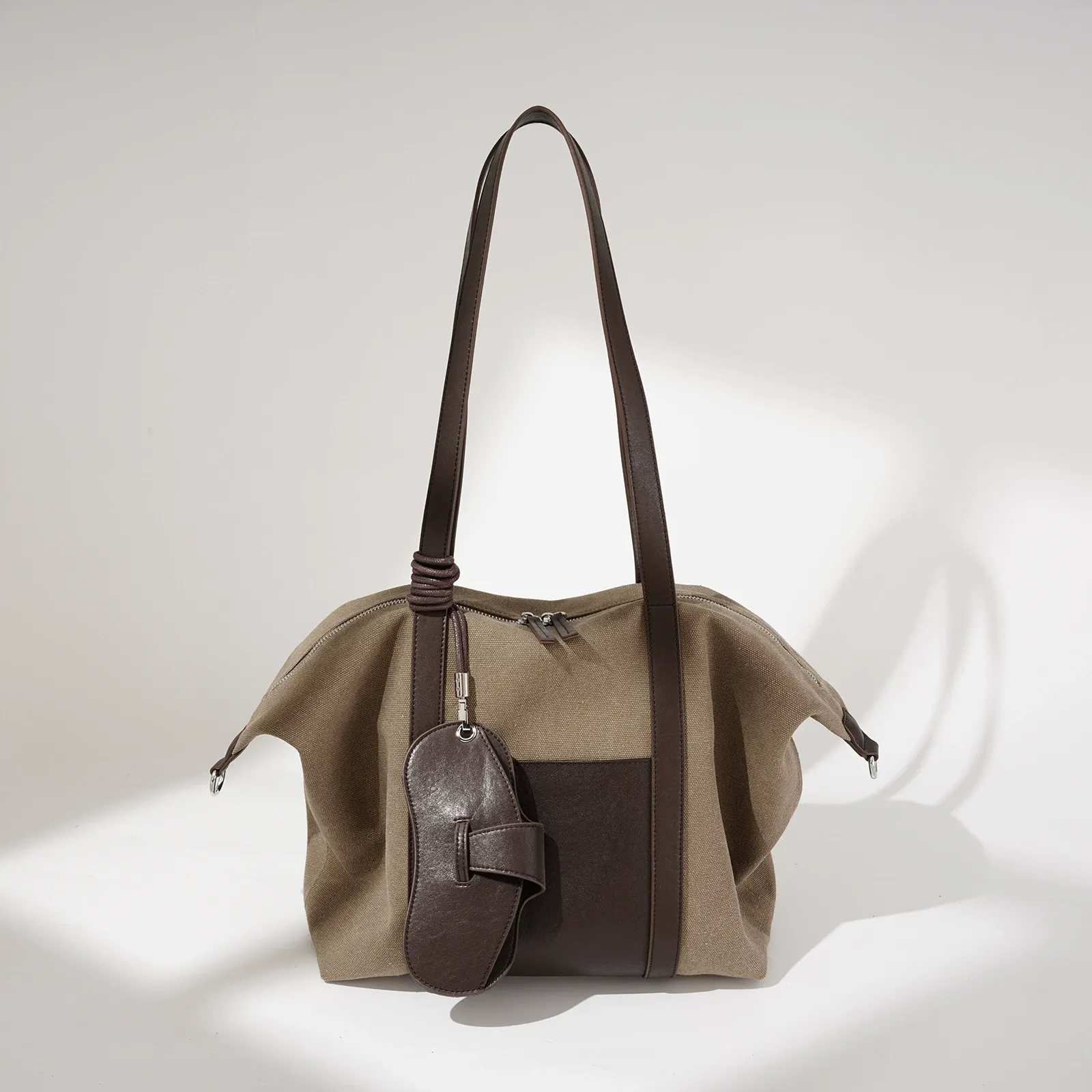 Canvas & Leather Tote Bag with Detachable Mini Pouch