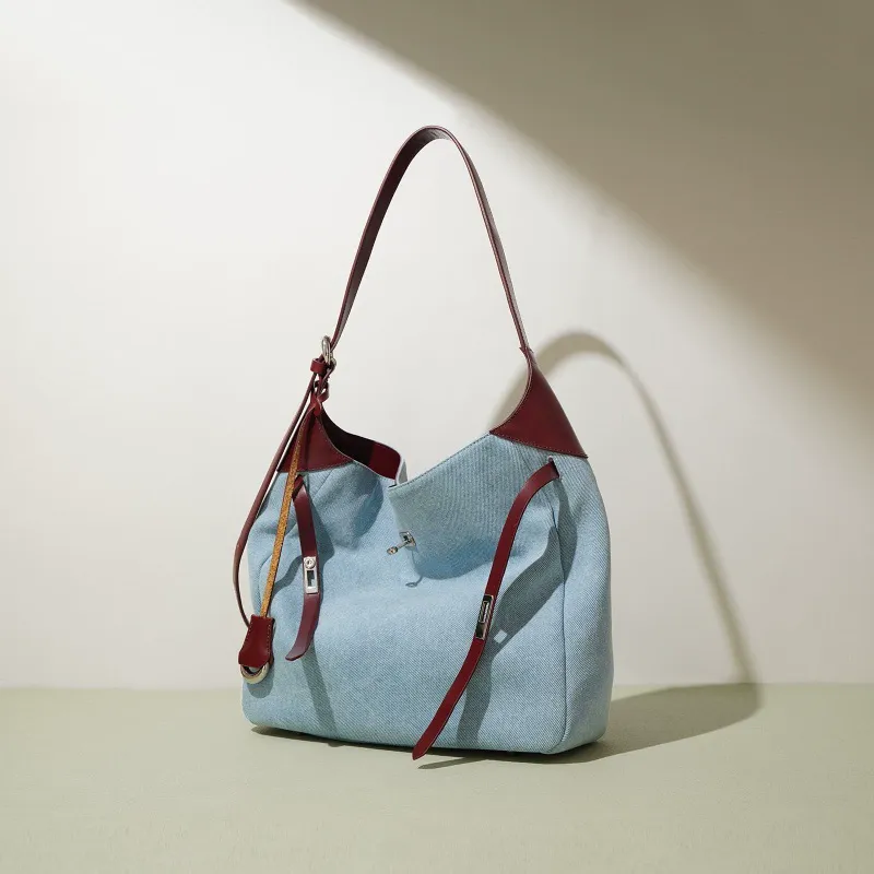 Denim Shoulder Tote with Leather Trim and Straps