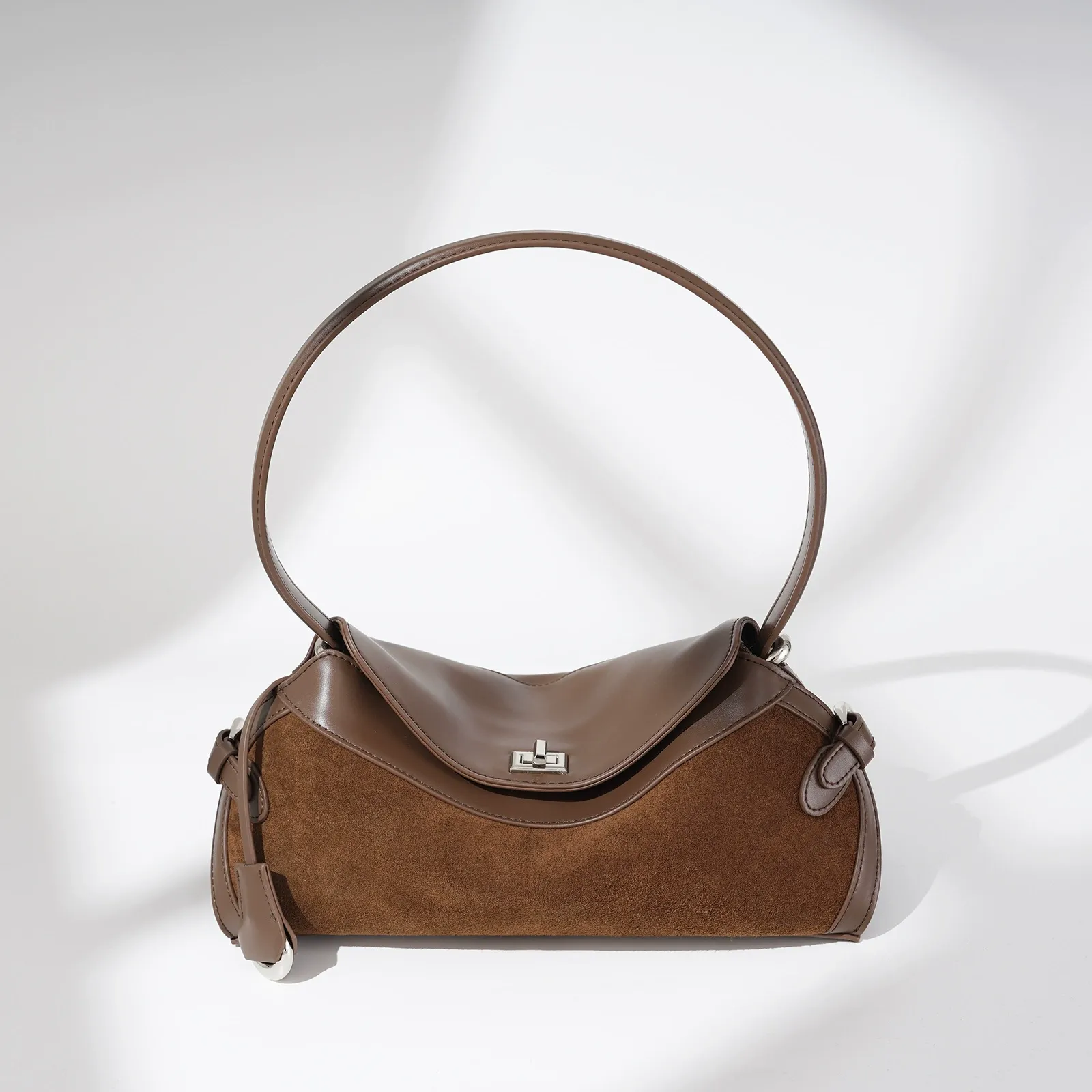 Suede & Leather Shoulder Bag with Curved Flap Design