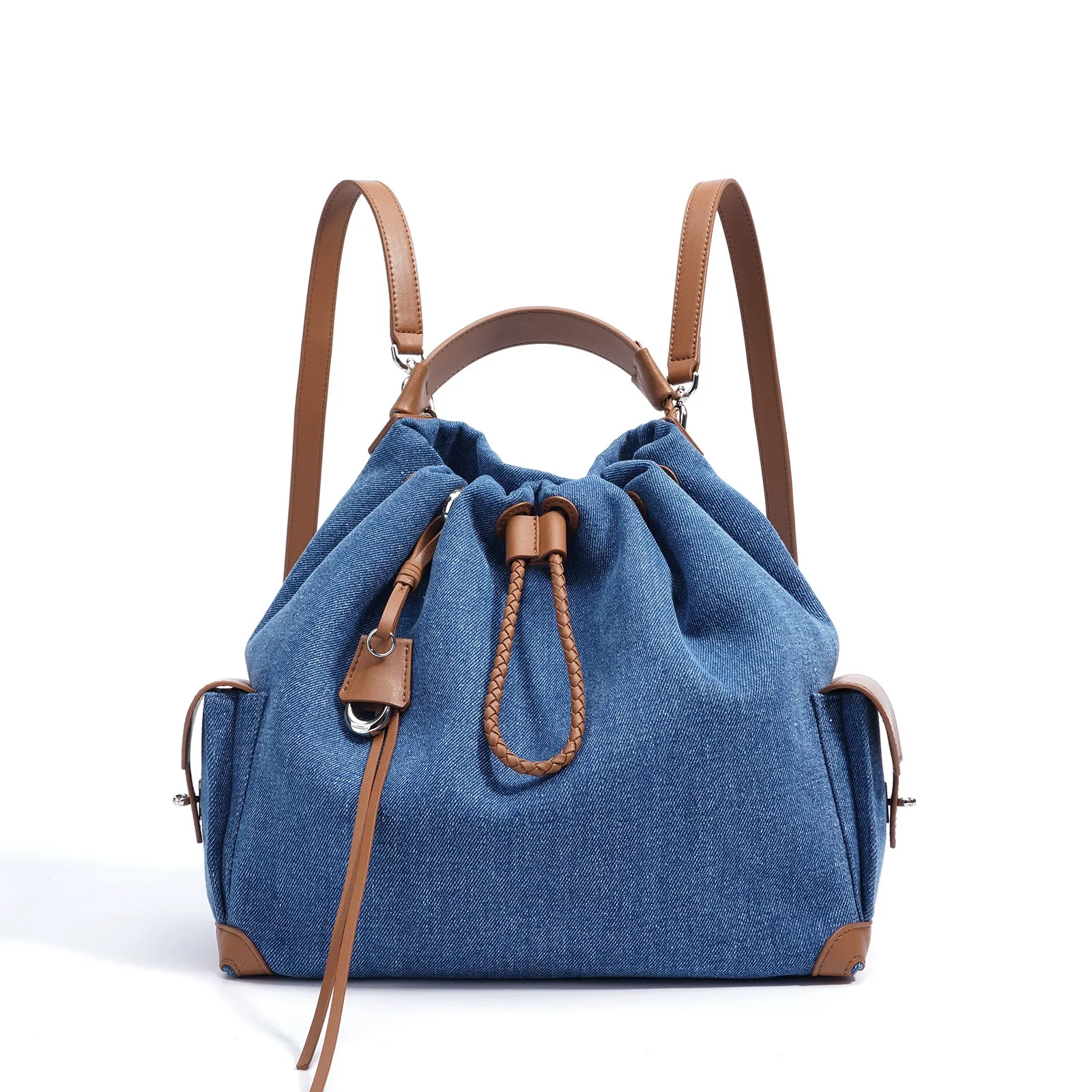 Denim Bucket Bag with Braided Leather Drawstring