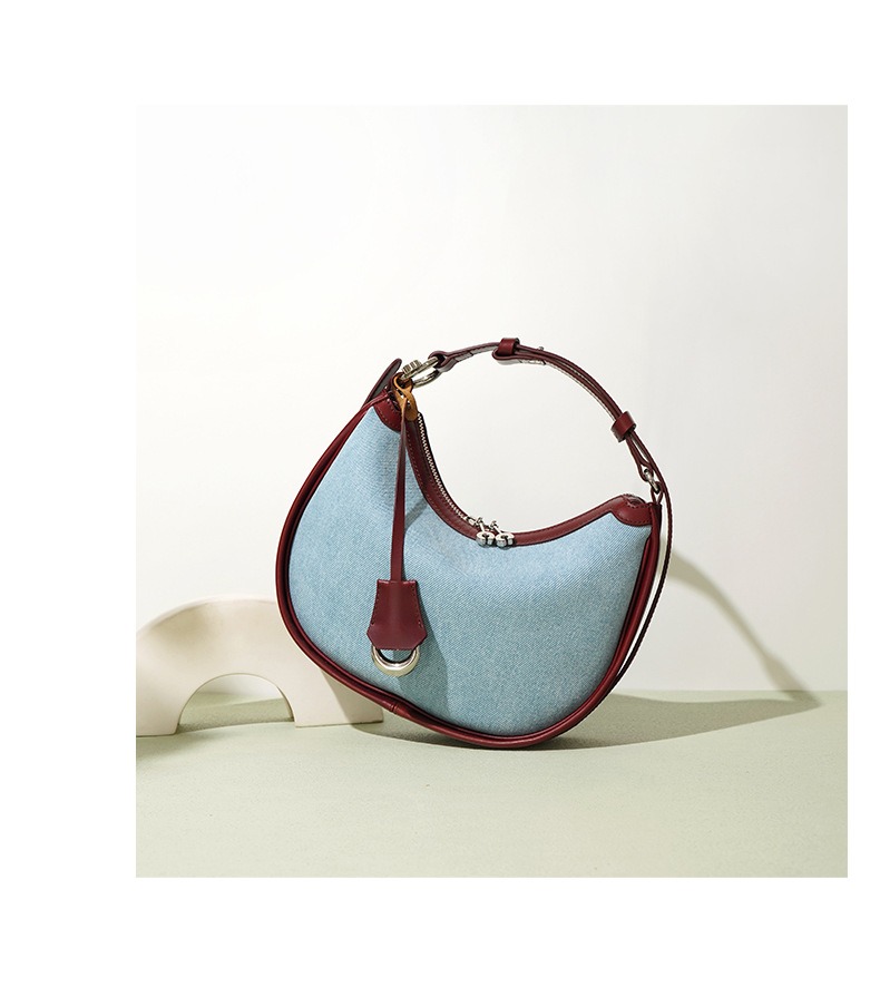 Denim & Leather Half-Moon Shoulder Bag