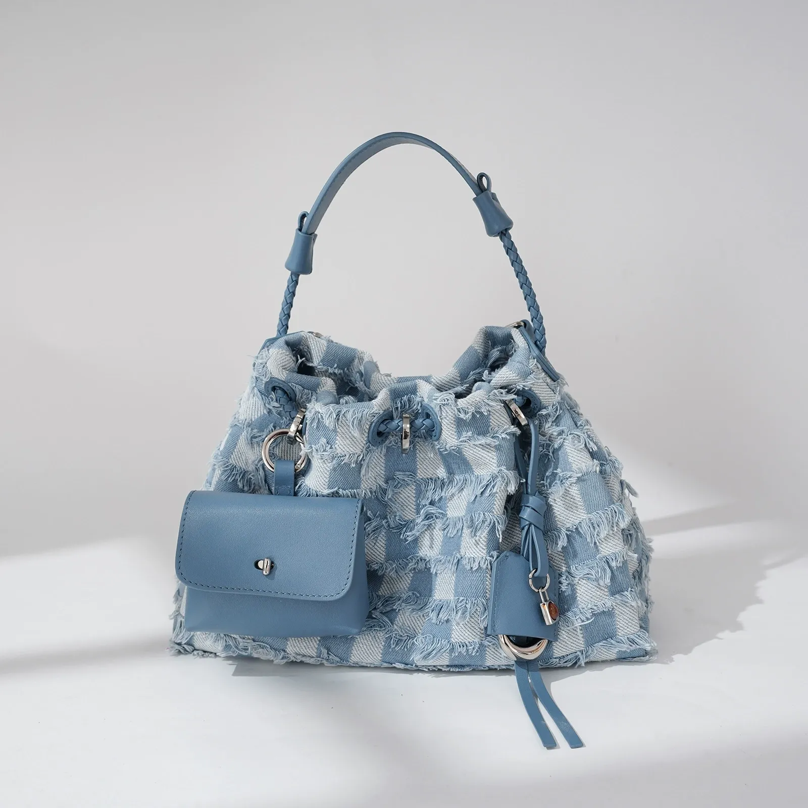 Frayed Denim Bucket Bag with Mini Pouch