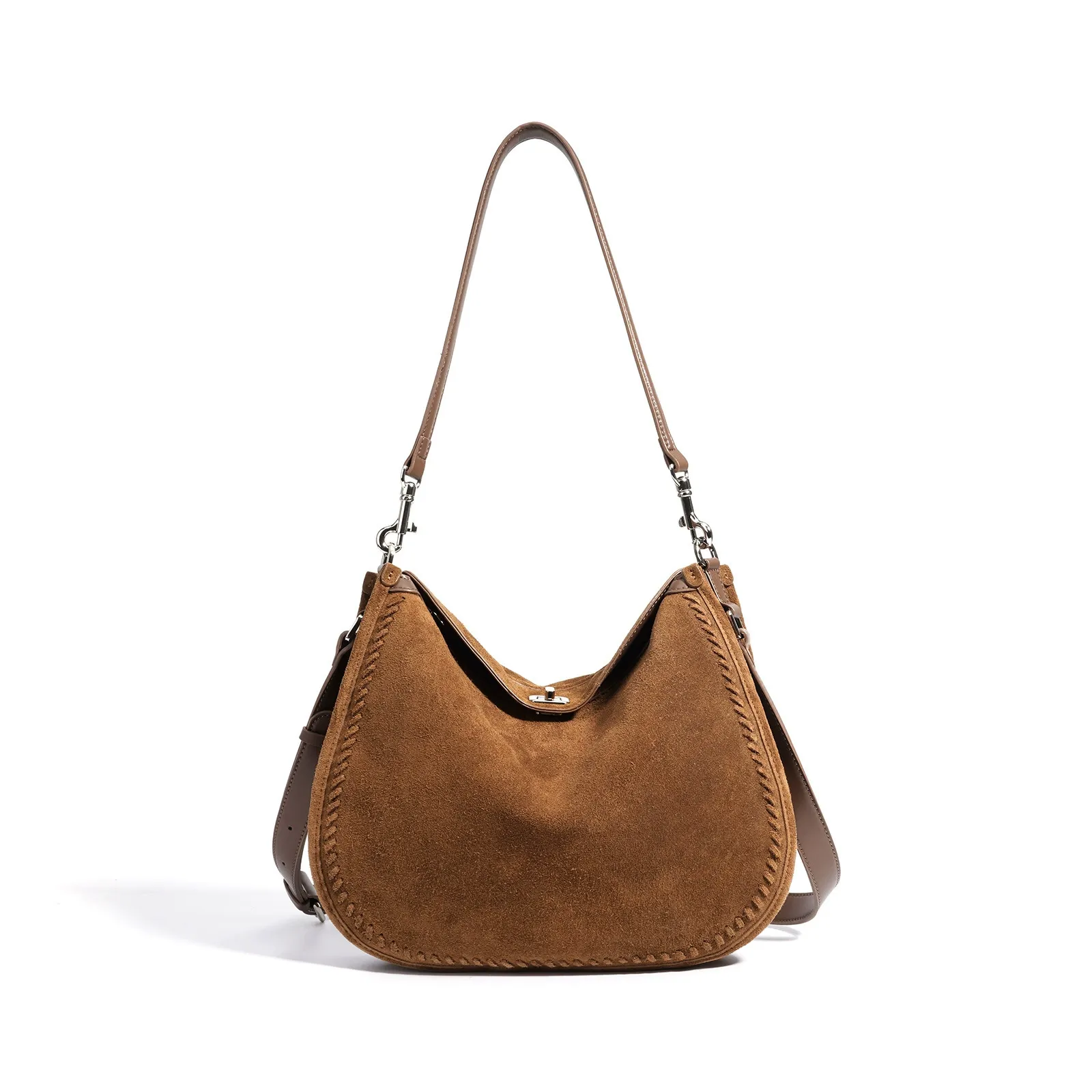 Braided Edge Suede Half-Moon Shoulder Bag
