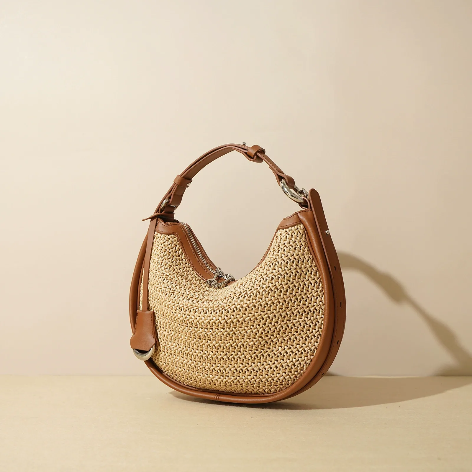 Woven Straw Half-Moon Bag with Leather Trim