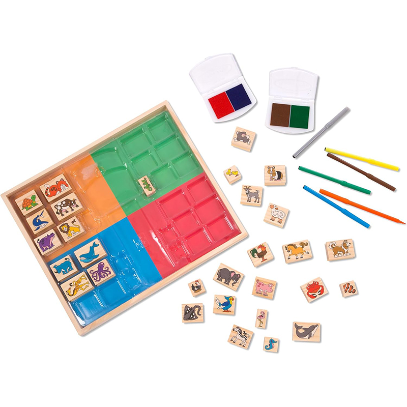 Melissa & Doug Deluxe Wooden Stamp Set:Animals - 30 Stamps, 6 Markers, 2 Stamp Pads