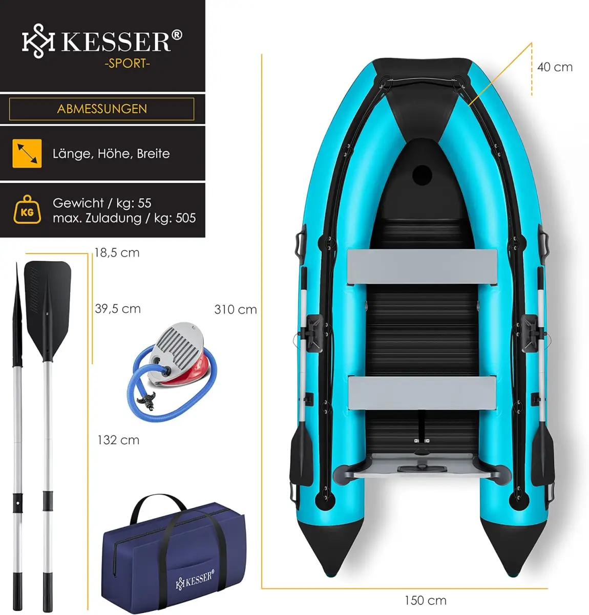 KESSER® Inflatable Boat 3.20 m for 4 People - Wave Motor Suitable Leisure Boat Paddle Boat Motor Boat Fishing Boat - with 2 Benches - Aluminium Base Paddle Pump Repair Kit & Bag Inflatable PVC