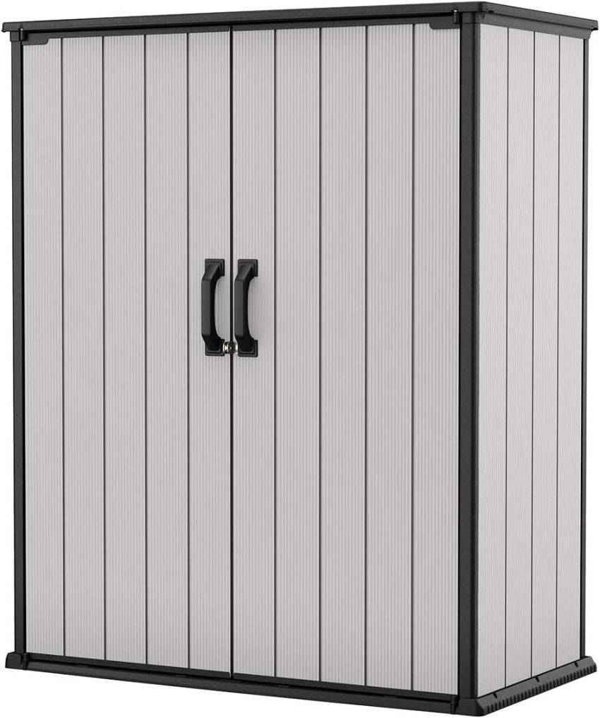 Keter Premier Tall 4.6 x 5.6 ft. Resin Outdoor Storage Shed with Shelving Brackets for Patio Furniture, Pool Accessories, and Bikes, Grey & Black