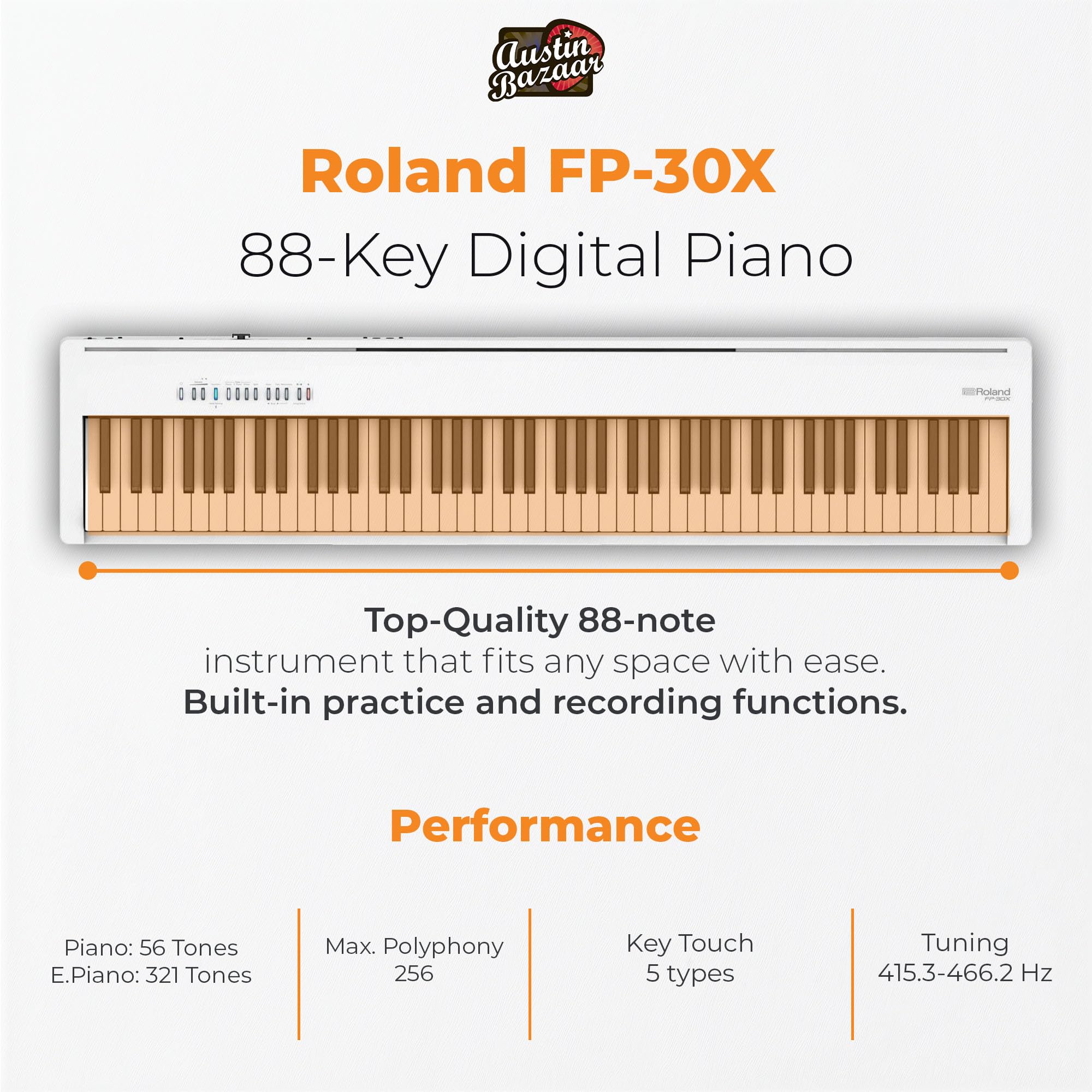 Roland FP-10 Digital Piano - Black Bundle with KSC-FP10 Stand, Bench, Sustain Pedal, Instructional Book, Online Lessons, Instructional DVD, and Austin Bazaar Polishing Cloth