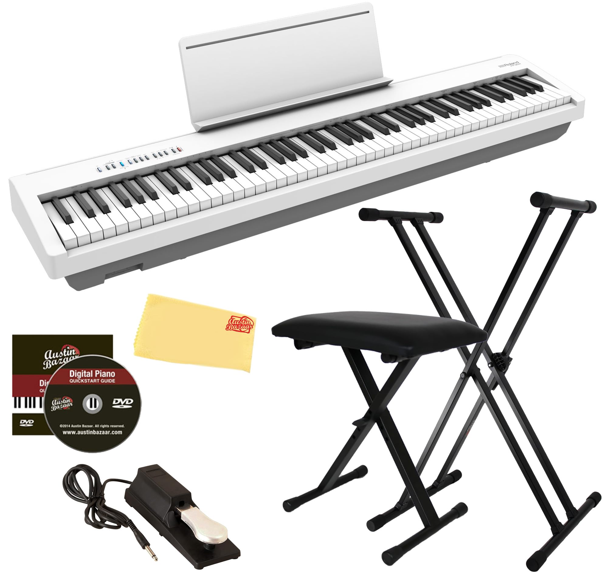 Roland FP-10 Digital Piano - Black Bundle with KSC-FP10 Stand, Bench, Sustain Pedal, Instructional Book, Online Lessons, Instructional DVD, and Austin Bazaar Polishing Cloth