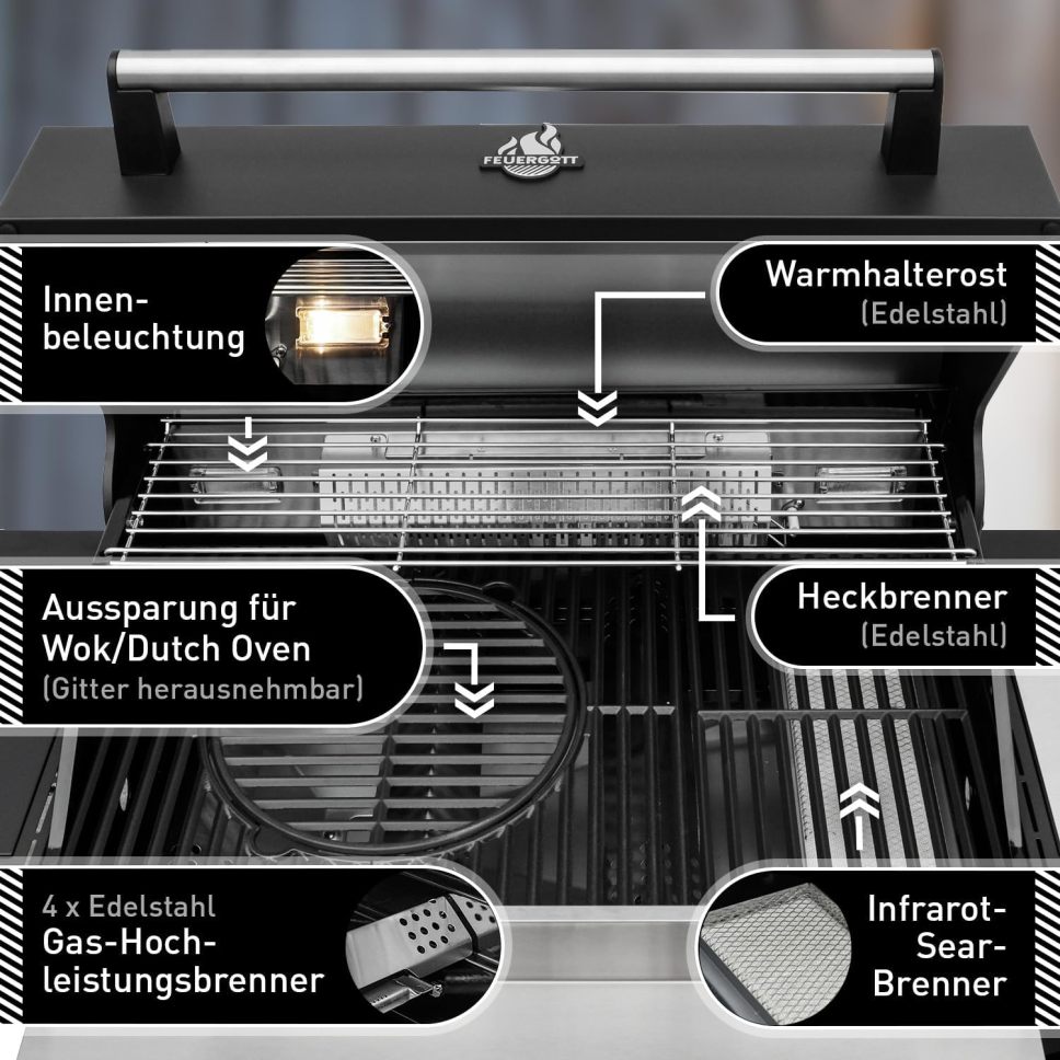 Fire God Hector 4B-S Gas Grill, including rotisserie, lid - all-inclusive, comes with 4 grilling utensils - 4 burners, grill burner, cast iron grate, back burner, side burner for garden and patio