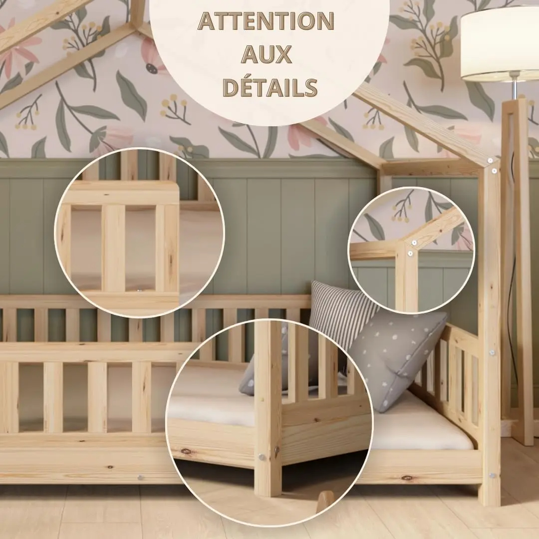 Crazy Pine Cabin Bed 160x80 cm – Natural Wood Children's Bed with Barrier – Montessori Floor Bed with Height-Adjustable Legs and Removable Barrier - Crazy House
