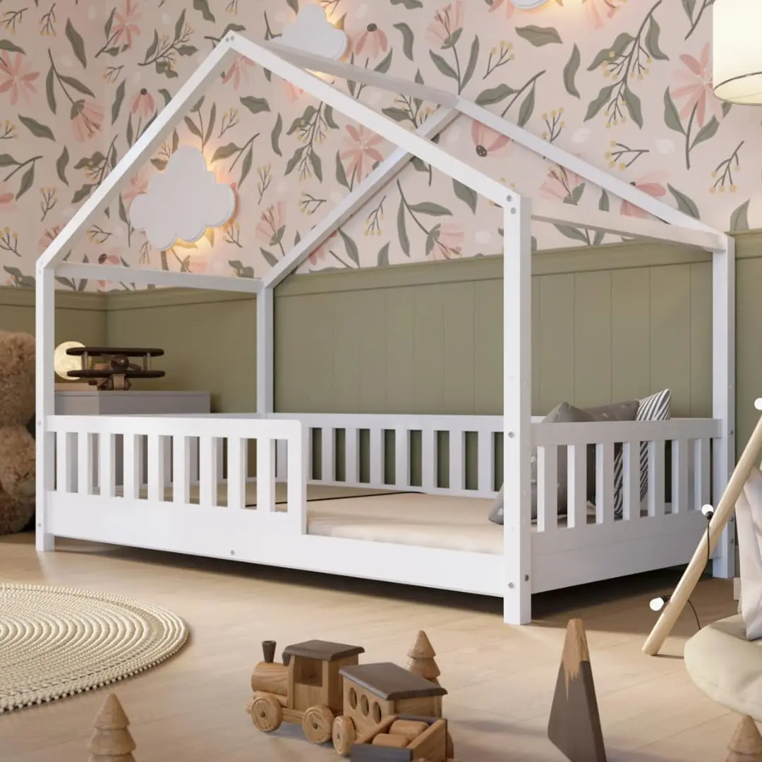 Crazy Pine Cabin Bed 160x80 cm – Natural Wood Children's Bed with Barrier – Montessori Floor Bed with Height-Adjustable Legs and Removable Barrier - Crazy House