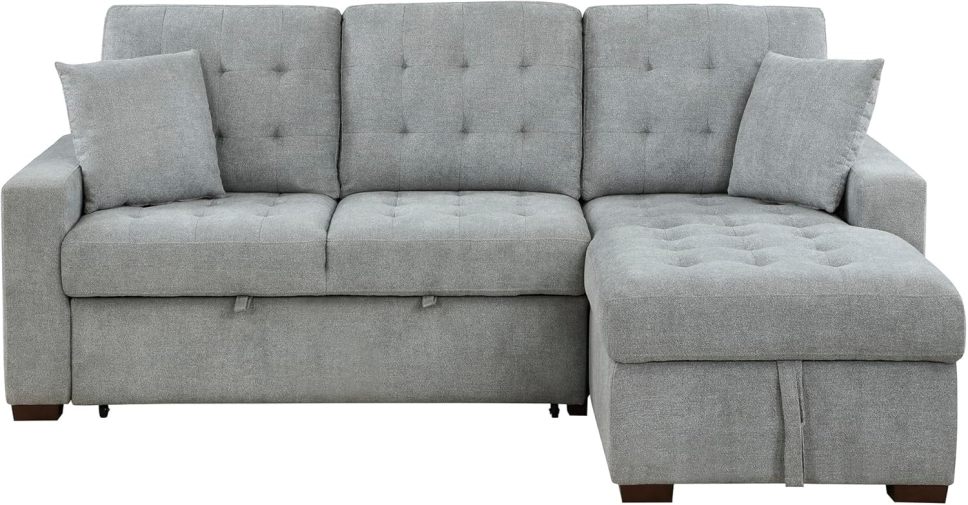 Sleeper Sofa, L Shape Sectional Couch with Right Storage Chaise and Pull Out Sofa Bed, Grey