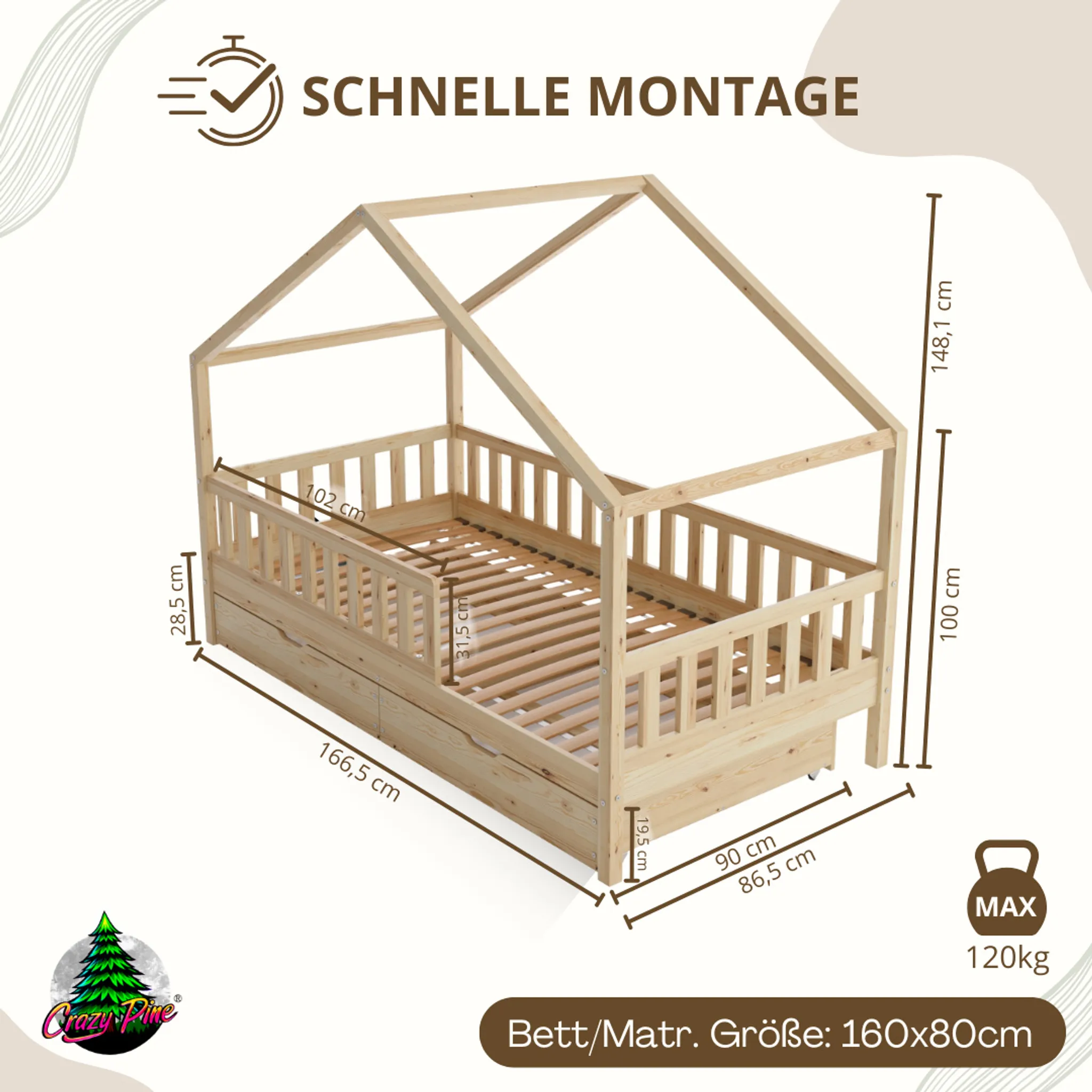 Crazy Pine House Bed with Drawers 80x160 cm – Children's Bed Made of Natural Wood – Floor Bed with Storage and Removable Barrier - Crazy House