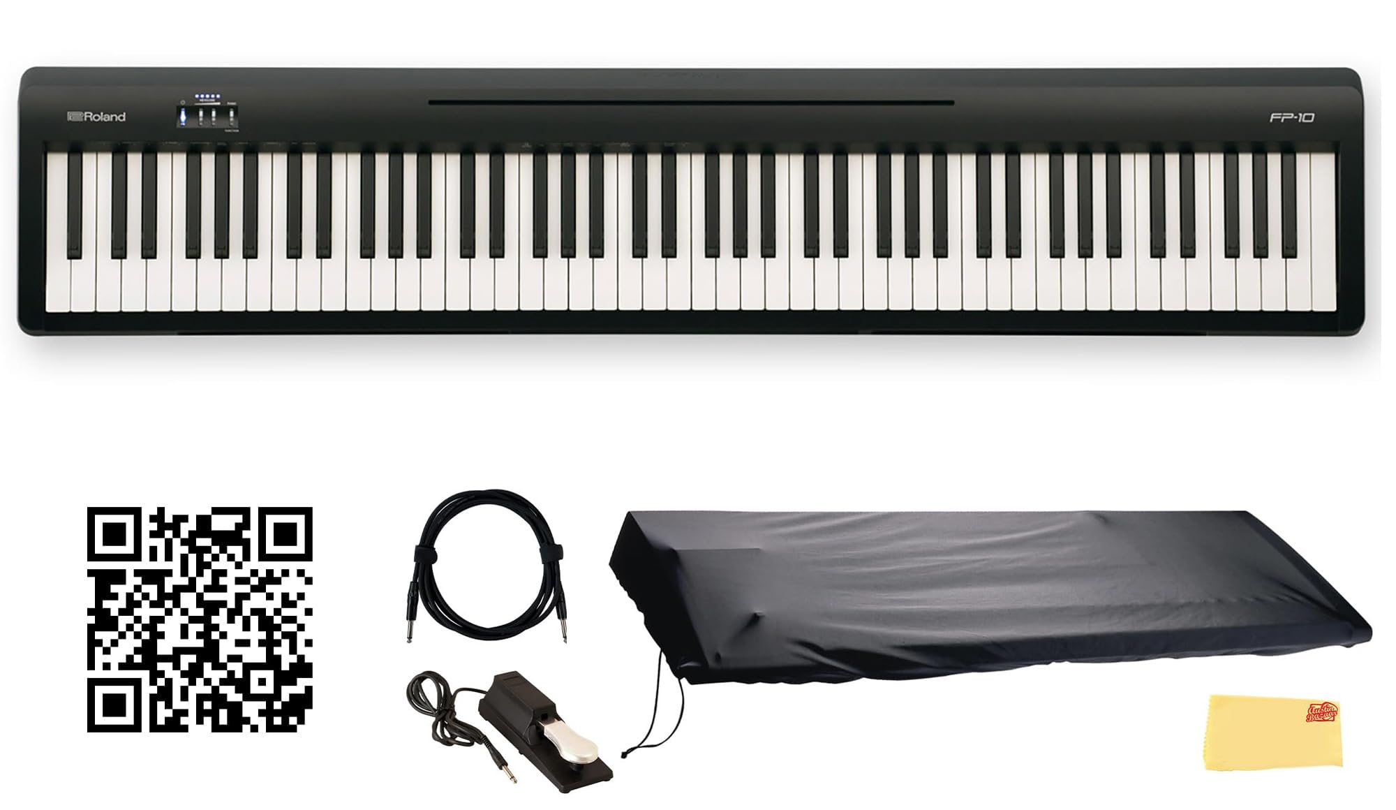 Roland FP-10 Digital Piano - Black Bundle with KSC-FP10 Stand, Bench, Sustain Pedal, Instructional Book, Online Lessons, Instructional DVD, and Austin Bazaar Polishing Cloth