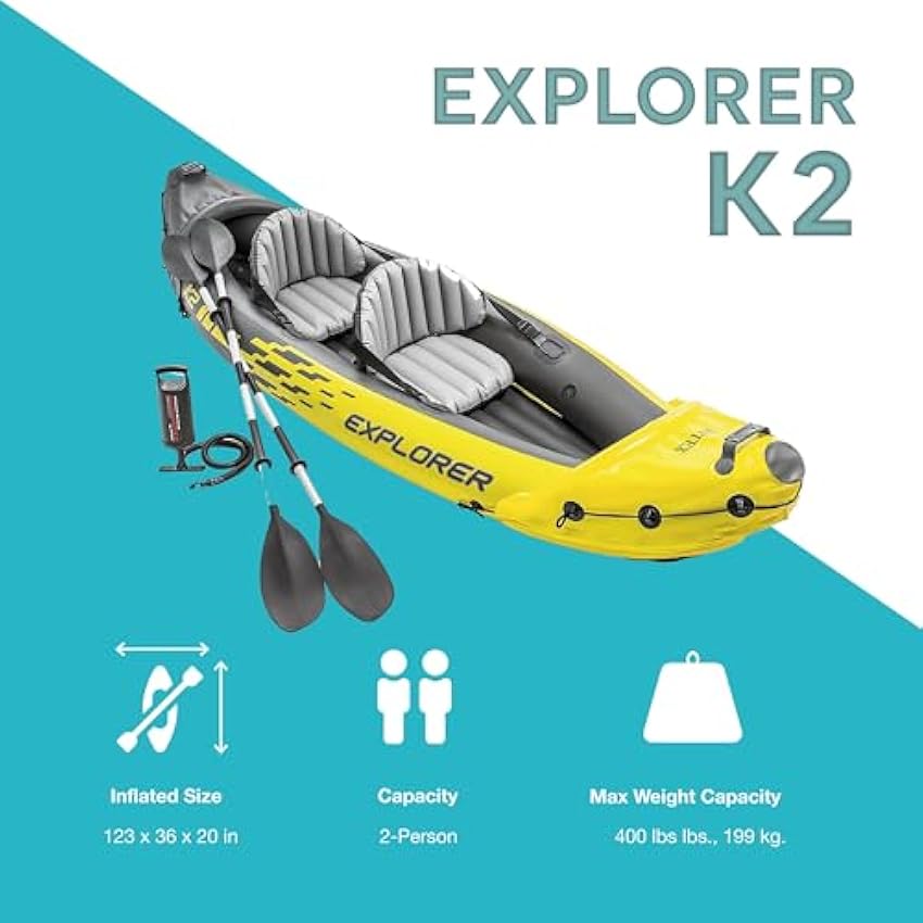 Intex 68307EP Explorer K2 Inflatable Kayak Set: Includes Deluxe 86in Aluminum Oars and High-Output Pump – SuperStrong PVC – Adjustable Seats with Backrest – 2-Person – 400lb Weight Capacity