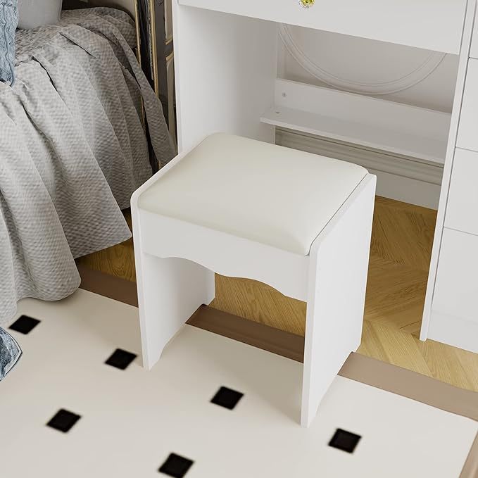 Vanity Stool Set With Sliding Lighted Mirror & Transparent glass panel