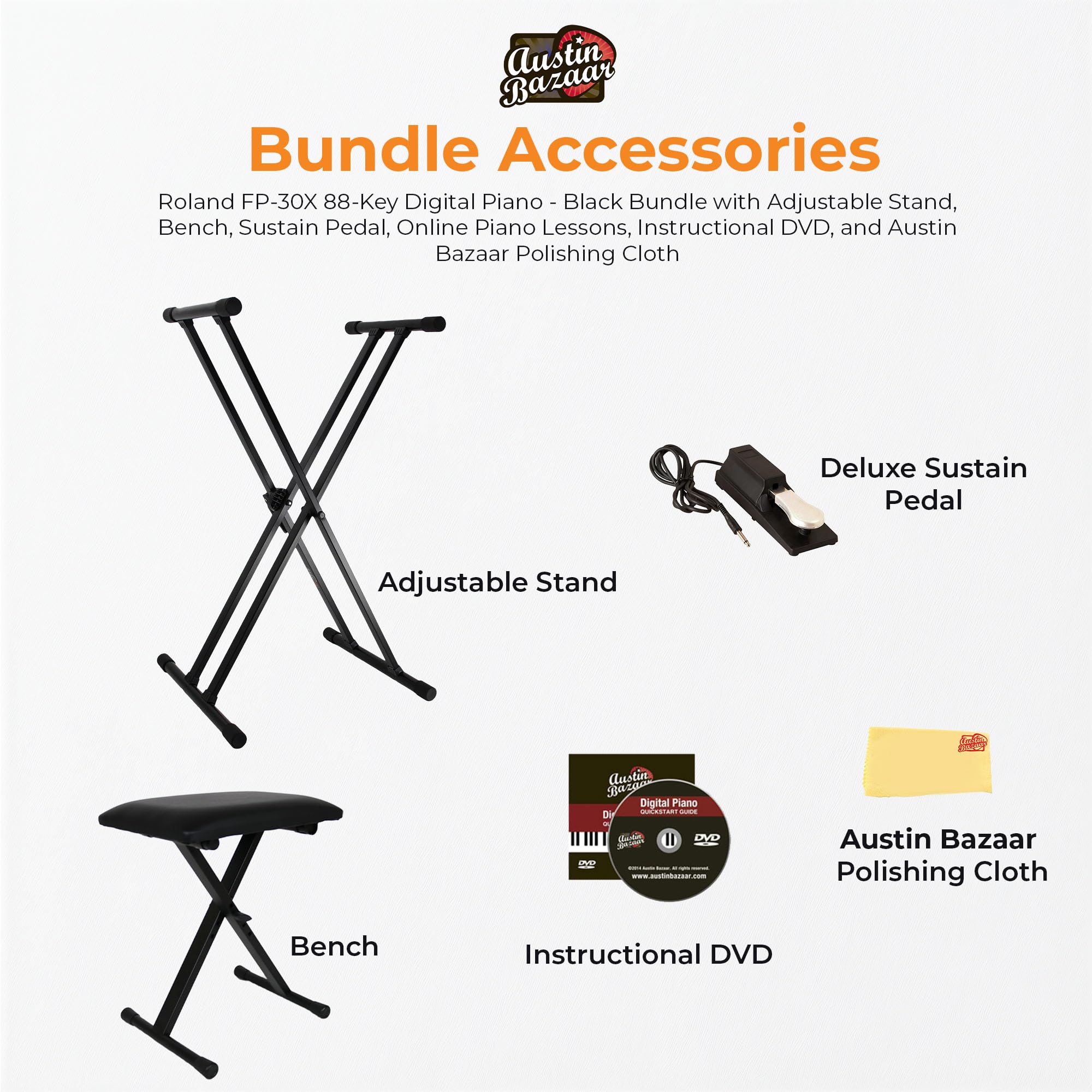 Roland FP-10 Digital Piano - Black Bundle with KSC-FP10 Stand, Bench, Sustain Pedal, Instructional Book, Online Lessons, Instructional DVD, and Austin Bazaar Polishing Cloth