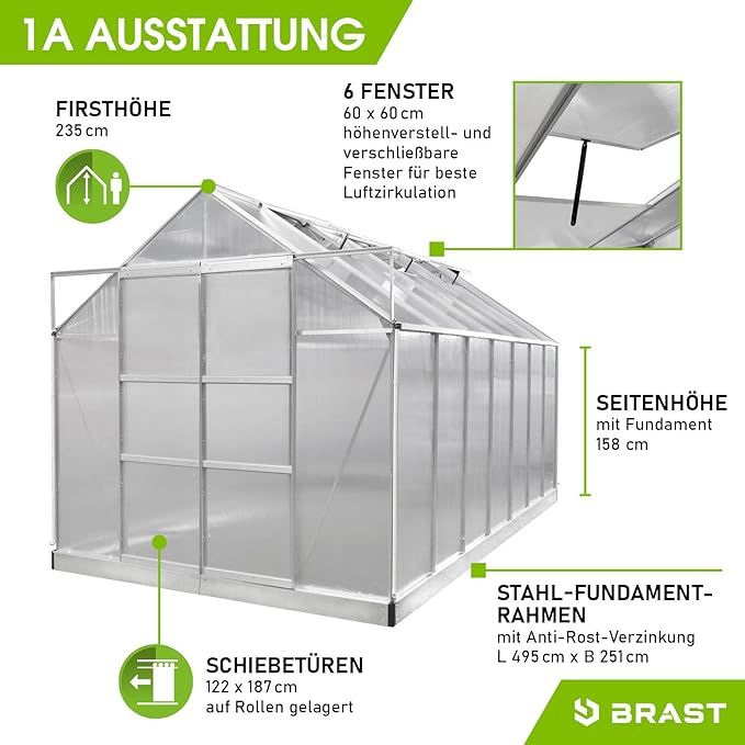 BRAST Premium Aluminum Greenhouse with Base – Weatherproof, Rustproof, TÜV Certified, Multiple Sizes Available