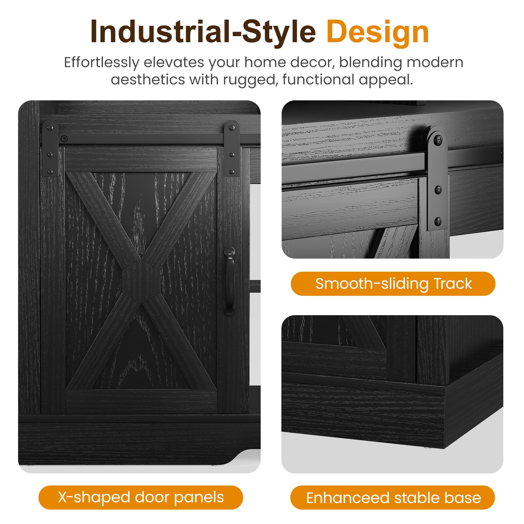 RoyalCraft Farmhouse Fireplace TV Stand for 65+ Inch TV, Entertainment Center with 23 Electric Fireplace with Remote, 34 Modern Rustic TV Console with Sliding Bar Door for Living Room