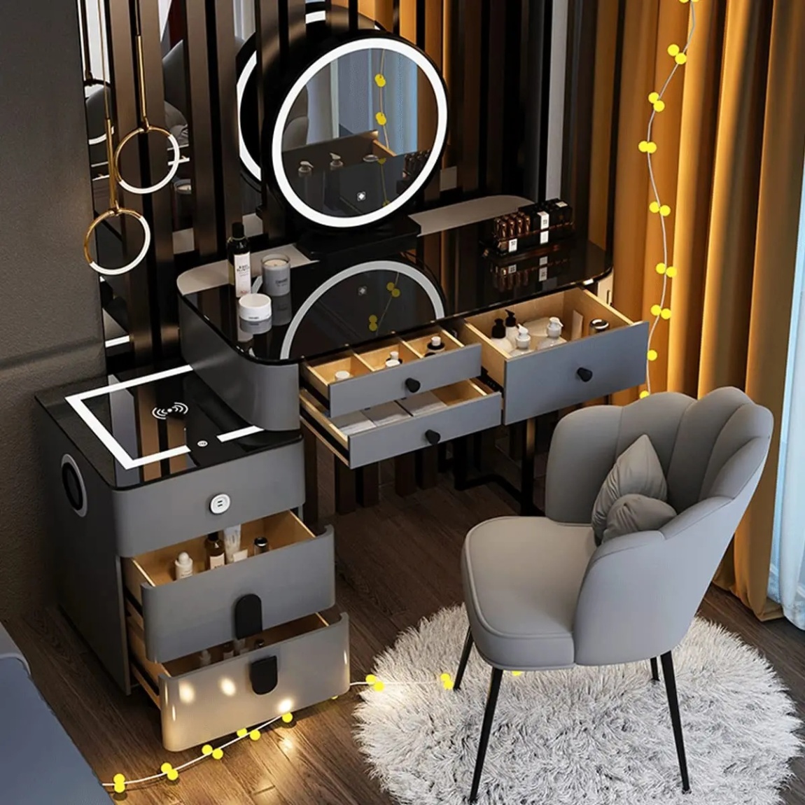 Makeup Vanity Desk Set. With 3 Color LED Lights Mirror. With Cushioned Stool. for Family Bedroom. for Her (120CM/47.2IN)