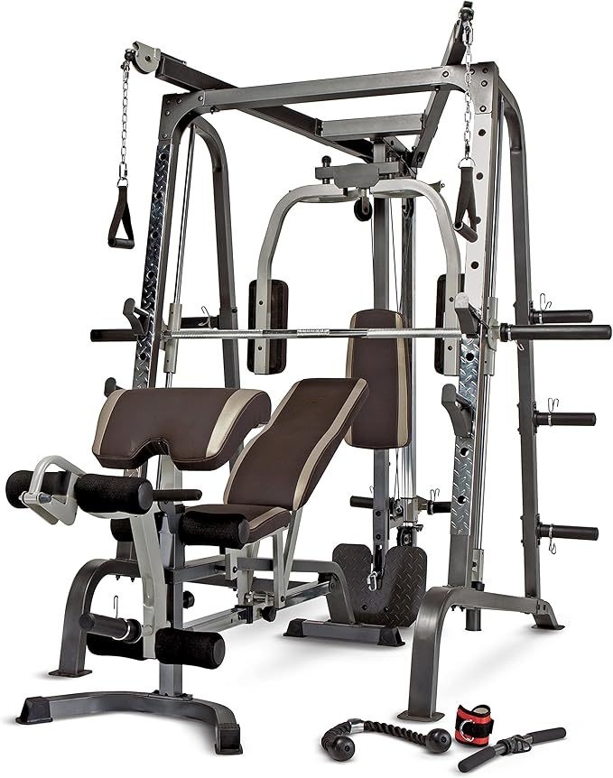 MARCY Smith Cage Exercise Machine Full Body Strength Training Home Gym Equipment System with Leg Trainer, Press Bar, PEC Bench and Squat Rack